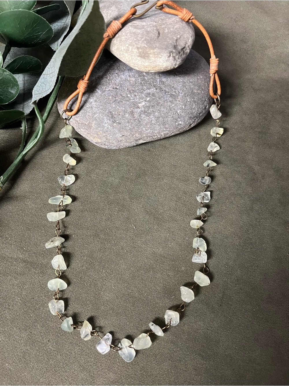 Handcrafted Aquamarine Chip Necklace with Leather Cord 9” drop